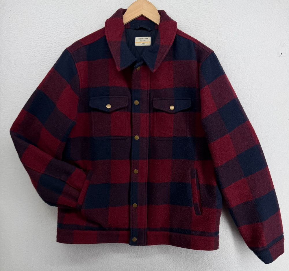 MARINE LAYER Jacket Mens L Re Spun Buffalo Quilted Lined Flannel Trucker Red